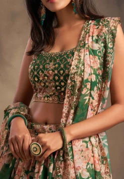 Digital Printed Organza Lehenga in Green