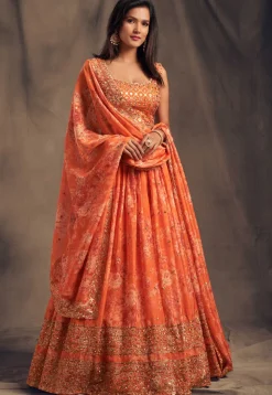 Digital Printed Organza Lehenga in Orange