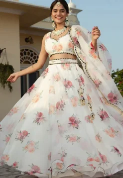 Digital Printed Organza Lehenga in Off White