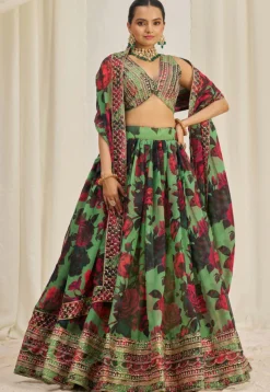 Digital Printed Organza Lehenga in Light Green