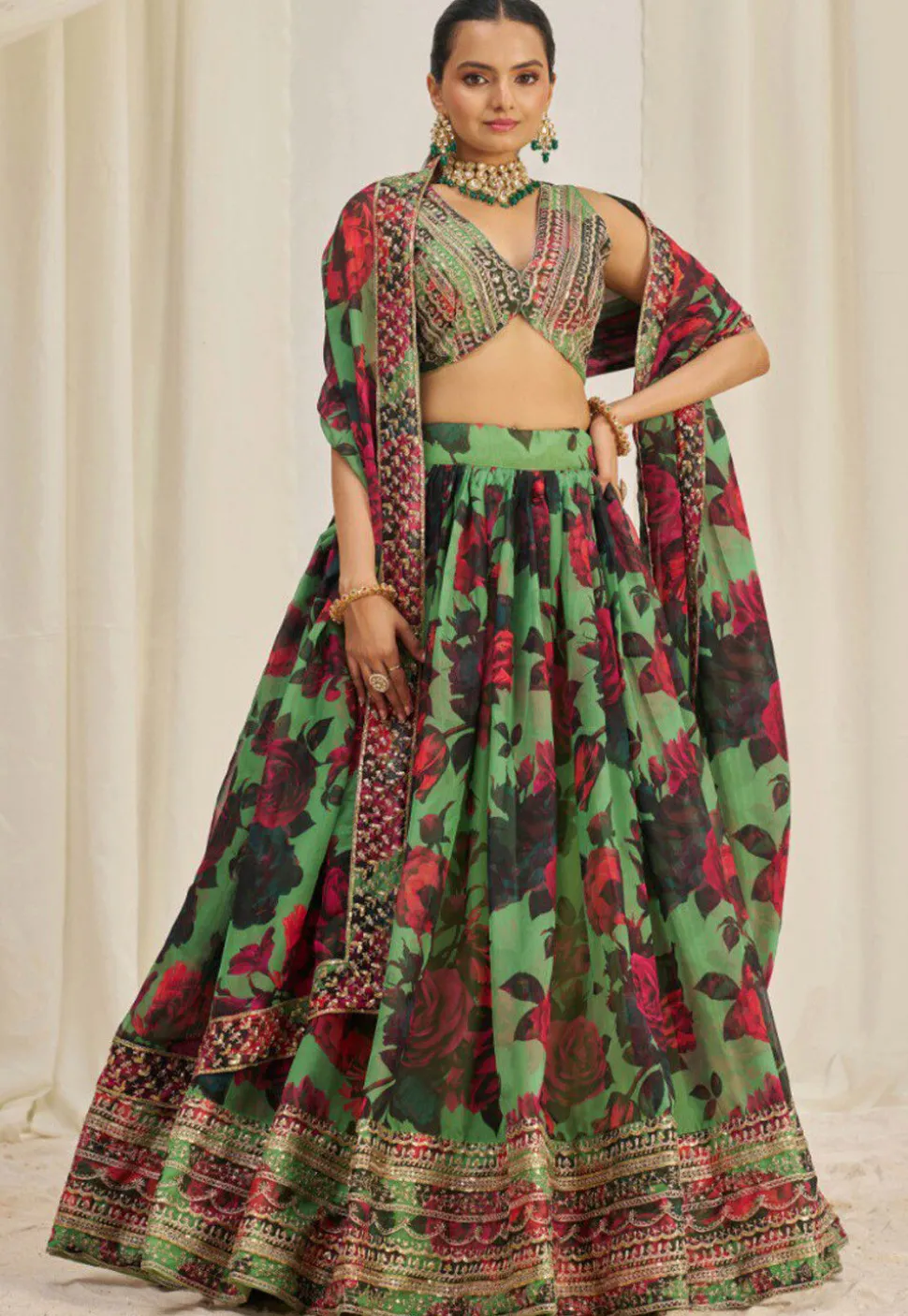 Digital Printed Organza Lehenga in Light Green