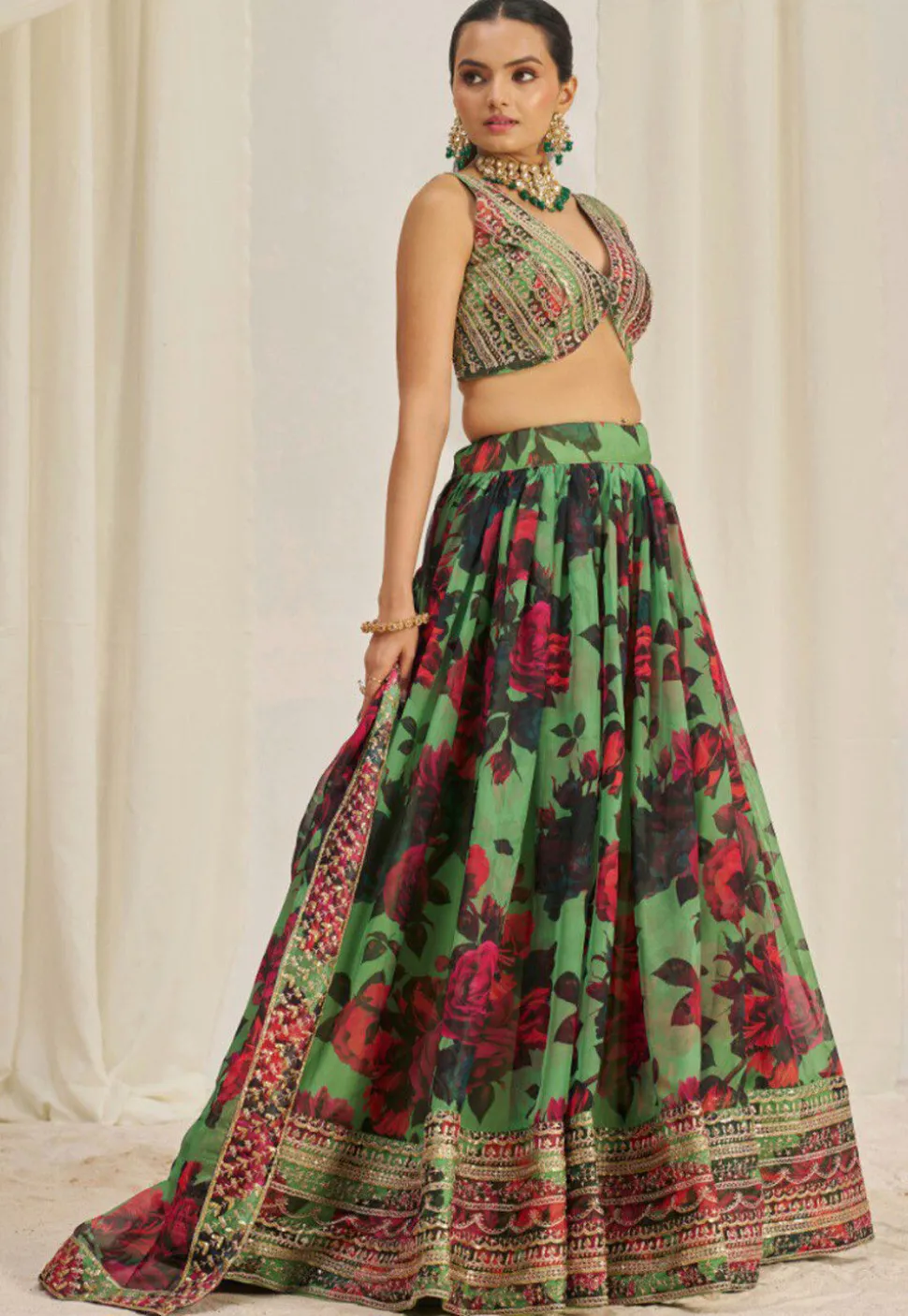 Digital Printed Organza Lehenga in Light Green