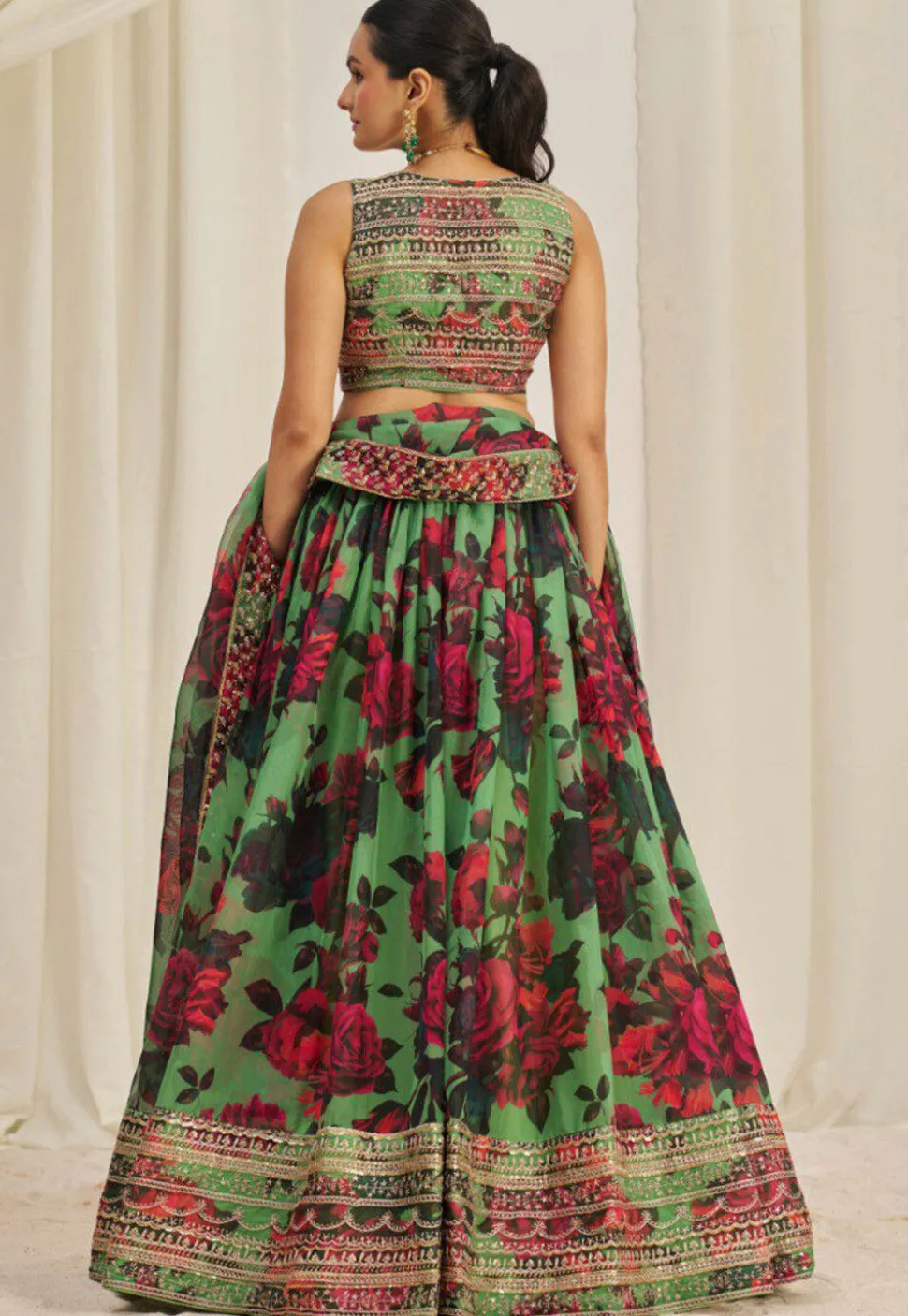 Digital Printed Organza Lehenga in Light Green