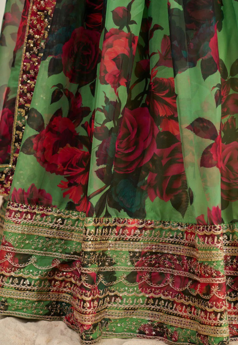 Digital Printed Organza Lehenga in Light Green
