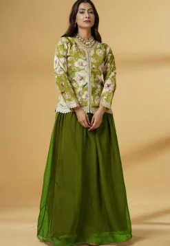 Digital Printed Organza Lehenga in Dark Green