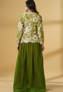 Digital Printed Organza Lehenga in Dark Green