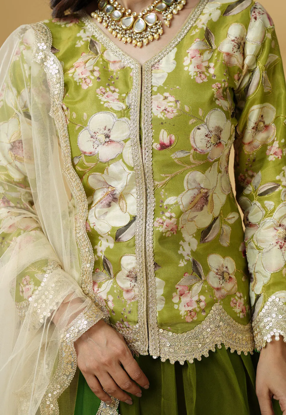 Digital Printed Organza Lehenga in Dark Green