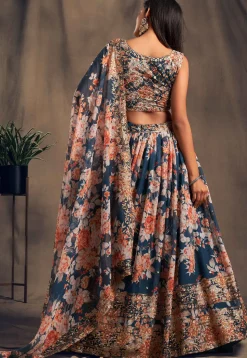 Digital Printed Organza Lehenga in Dark Teal Blue
