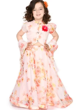 Digital Printed Organza Lehenga in Peach