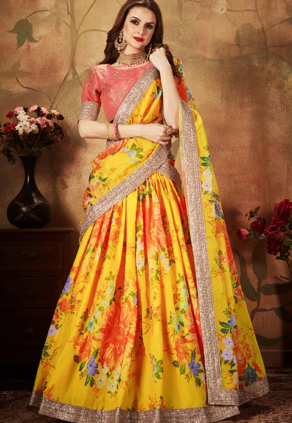 Digital Printed Organza Lehenga in Mustard