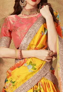 Digital Printed Organza Lehenga in Mustard