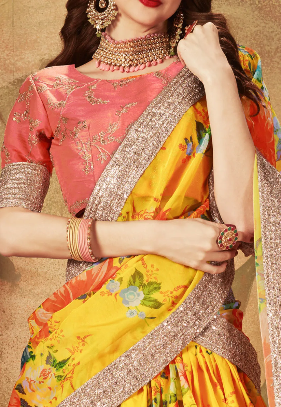 Digital Printed Organza Lehenga in Mustard