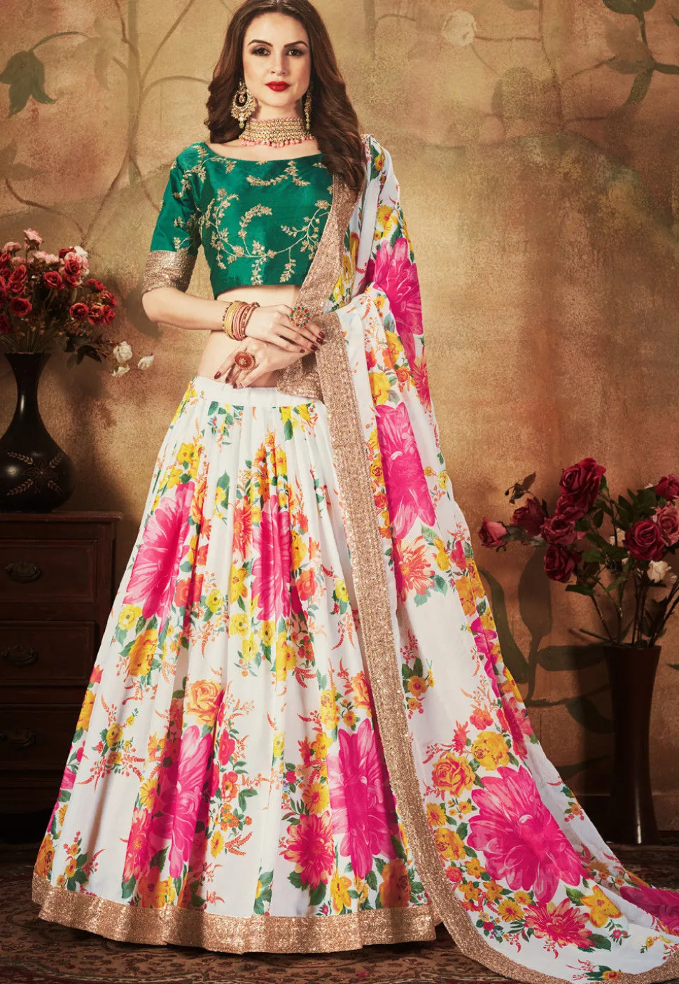 Digital Printed Organza Lehenga in Off White and Pink