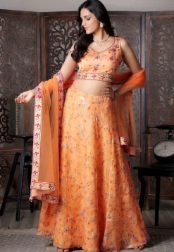 Digital Printed Organza Lehenga in Orange