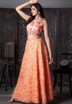 Digital Printed Organza Lehenga in Orange