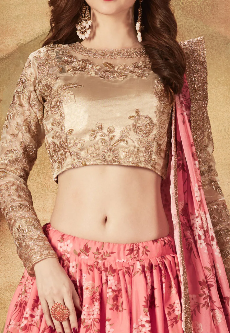 Digital Printed Organza Lehenga in Pink