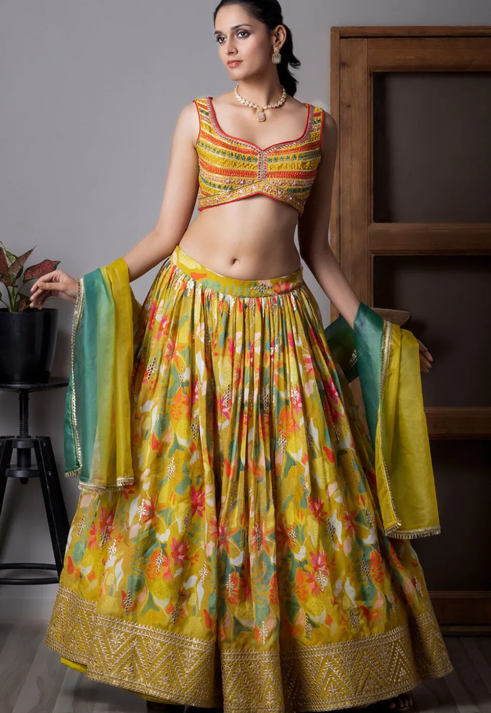 Digital Printed Organza Lehenga in Mustard