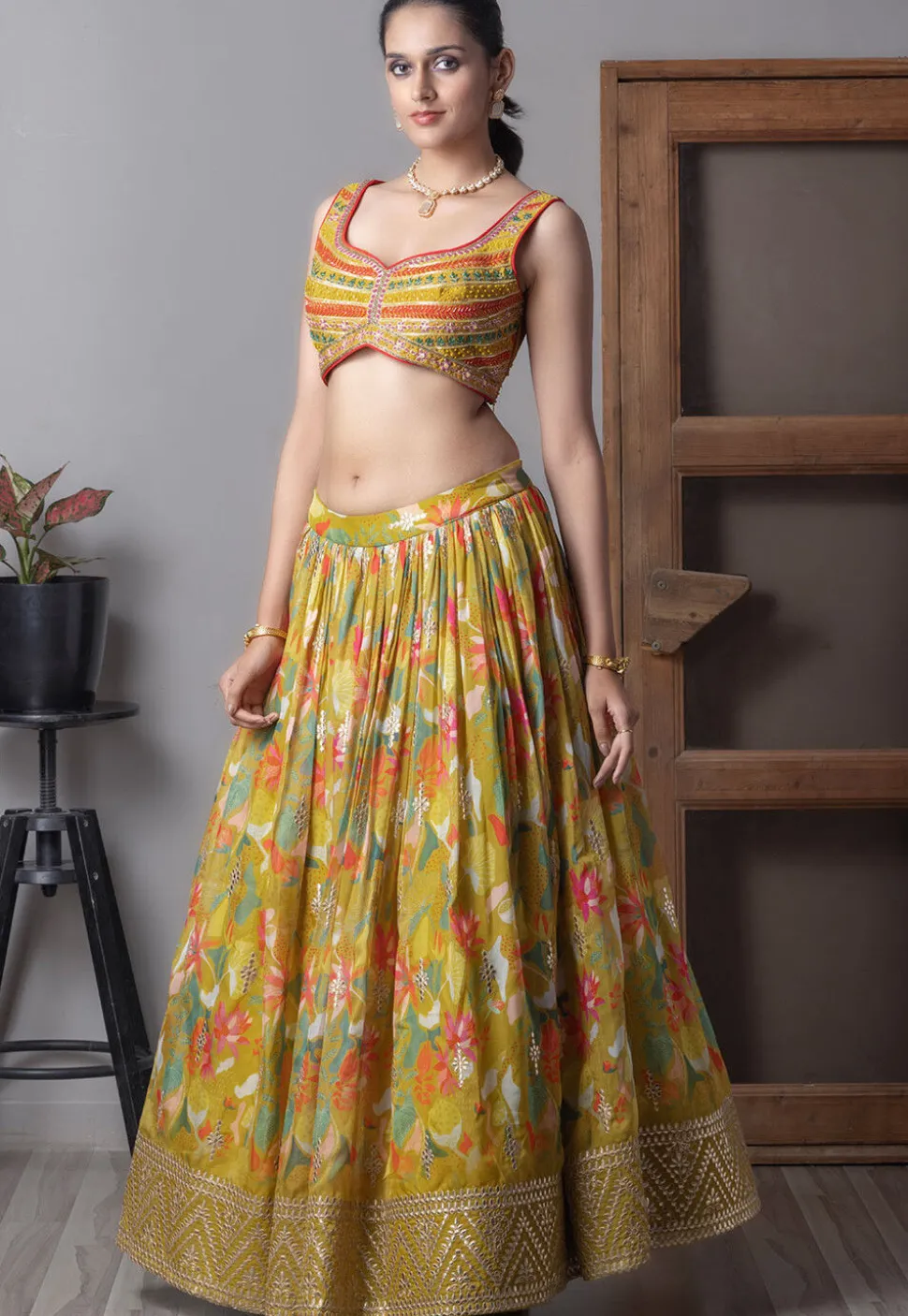 Digital Printed Organza Lehenga in Mustard