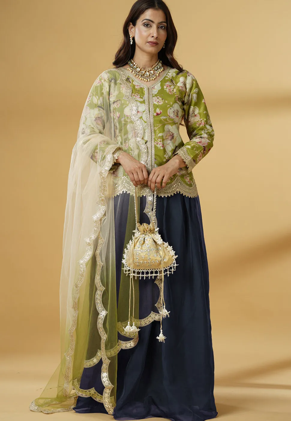 Digital Printed Organza Lehenga in Dusty Blue