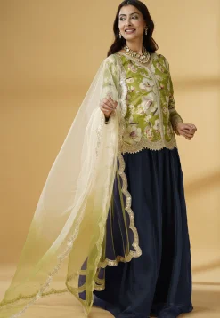 Digital Printed Organza Lehenga in Dusty Blue