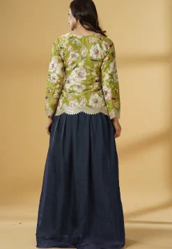 Digital Printed Organza Lehenga in Dusty Blue