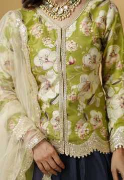 Digital Printed Organza Lehenga in Dusty Blue