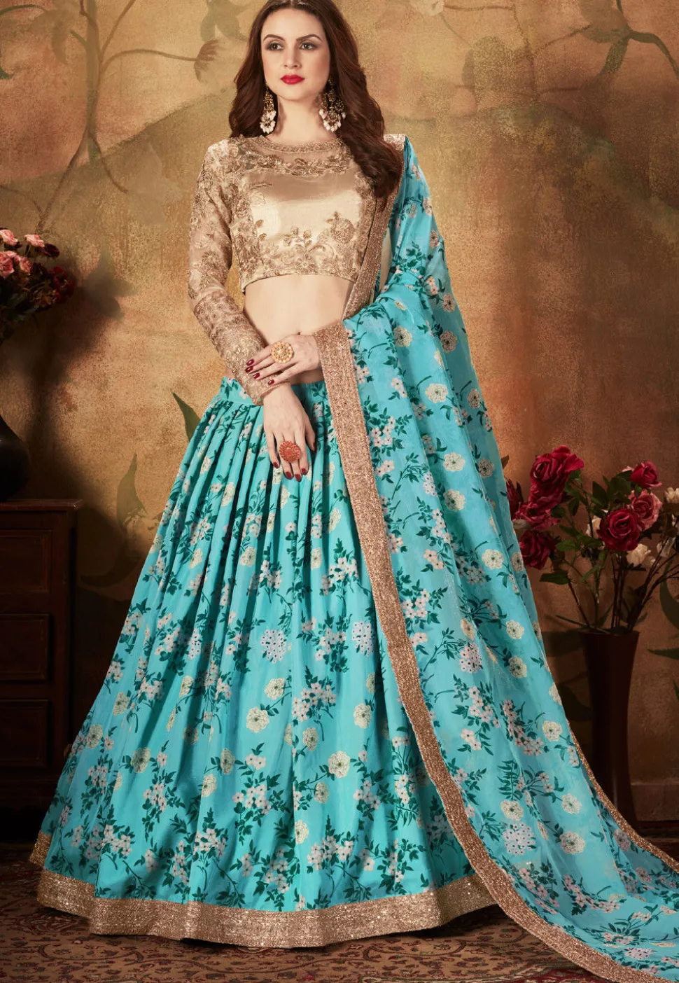Digital Printed Organza Lehenga in Blue