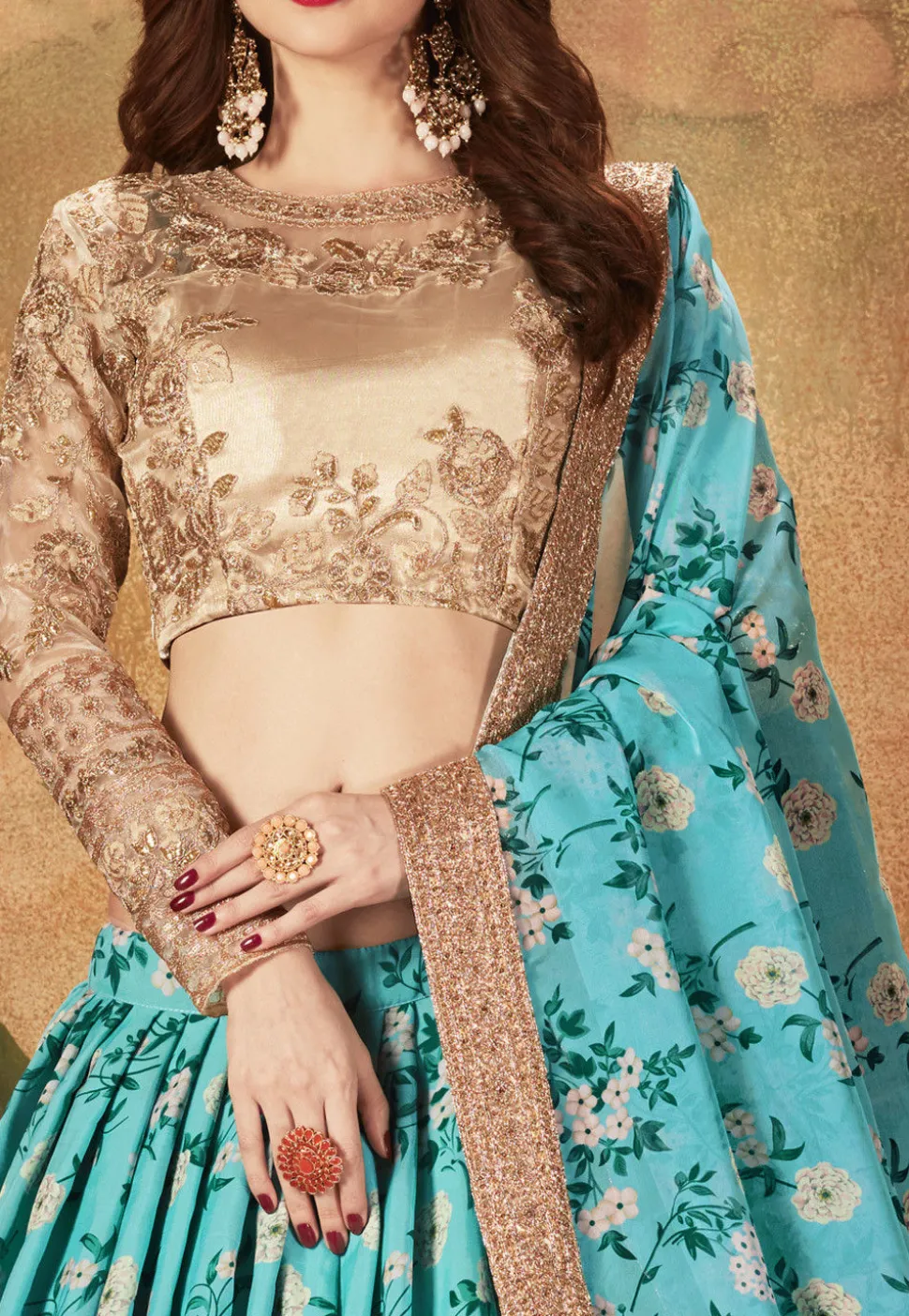 Digital Printed Organza Lehenga in Blue