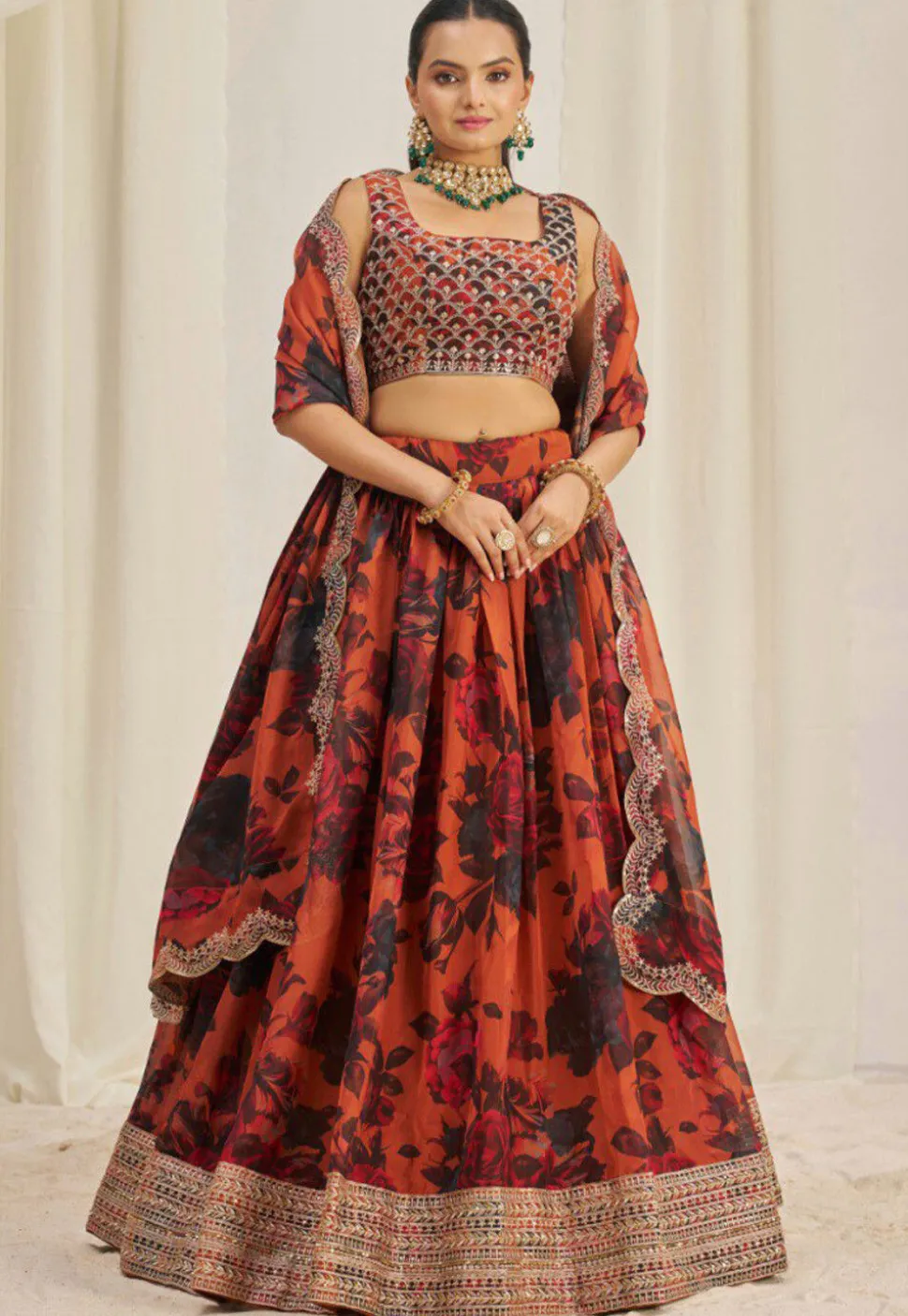 Digital Printed Organza Lehenga in Orange