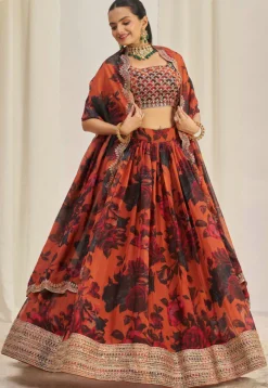 Digital Printed Organza Lehenga in Orange