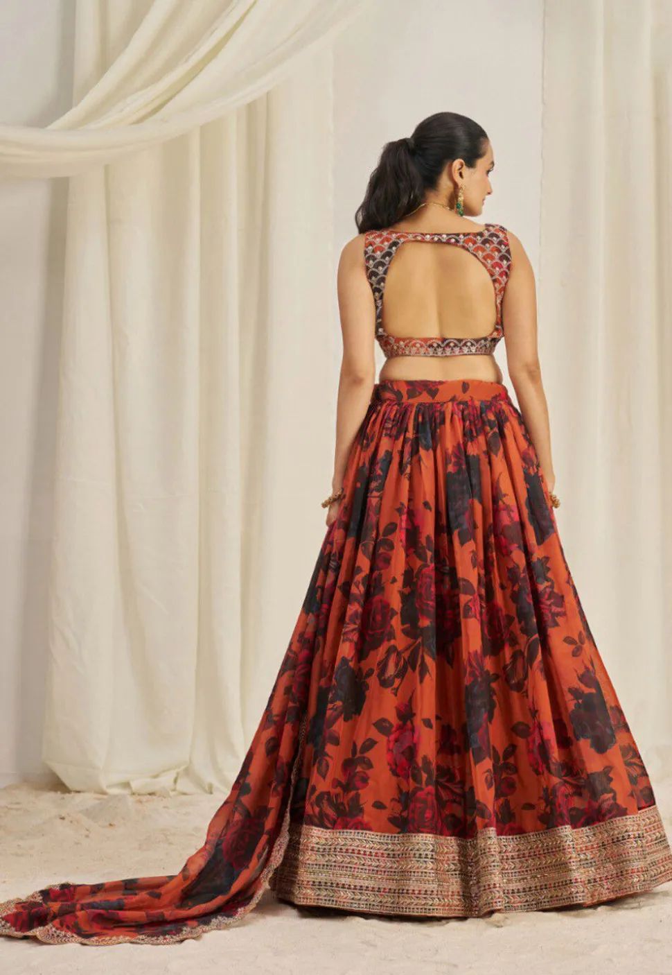 Digital Printed Organza Lehenga in Orange