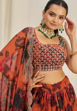 Digital Printed Organza Lehenga in Orange