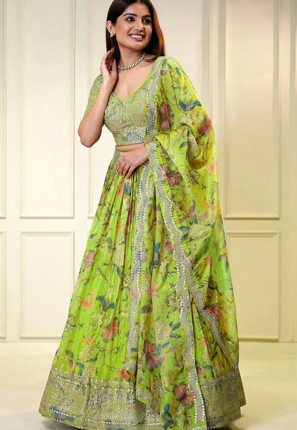 Digital Printed Organza Lehenga in Light Green