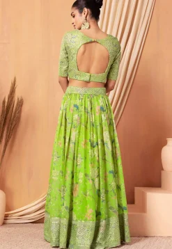 Digital Printed Organza Lehenga in Light Green