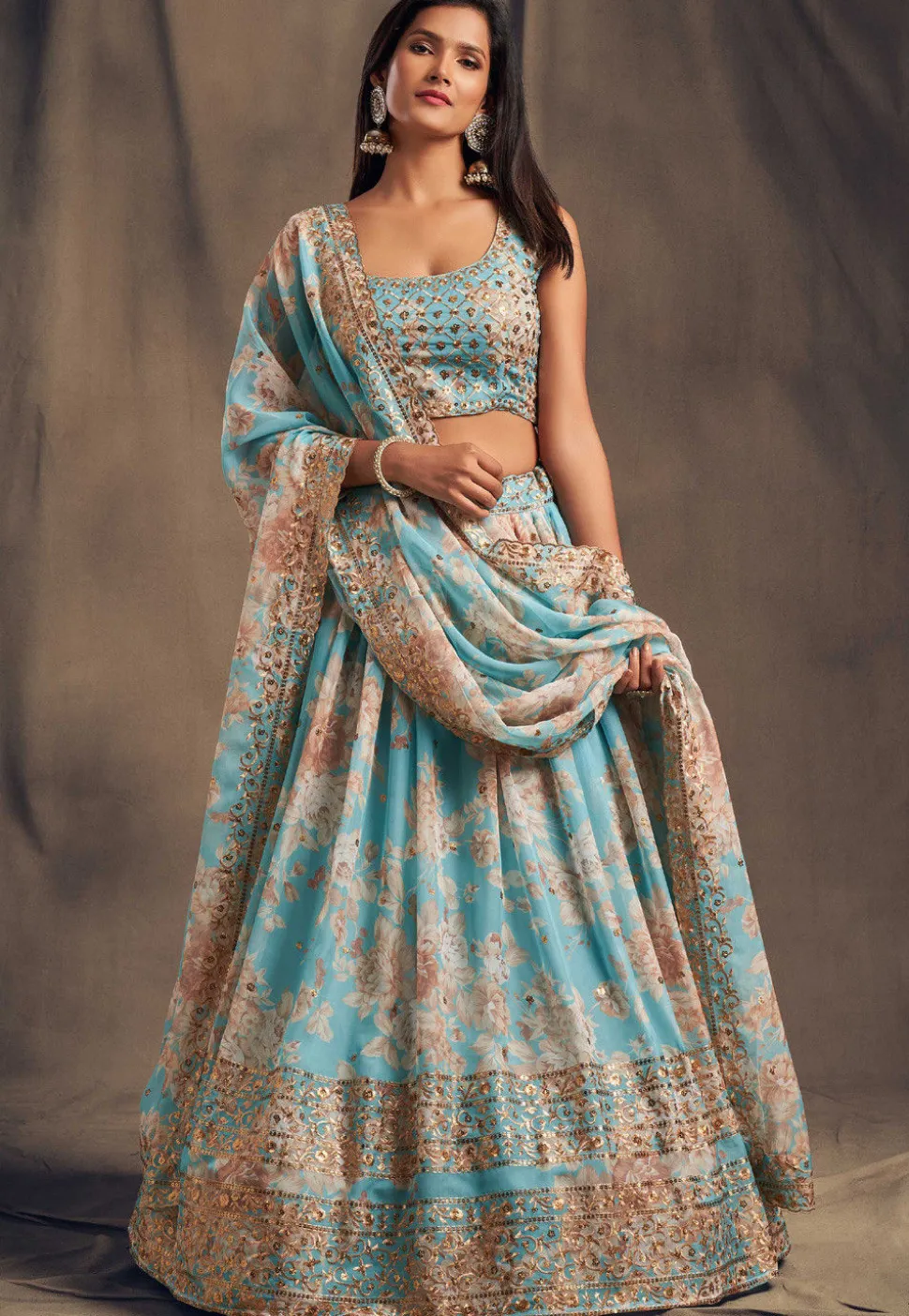 Digital Printed Organza Lehenga in Light Blue