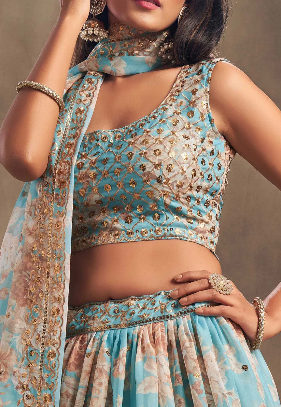 Digital Printed Organza Lehenga in Light Blue
