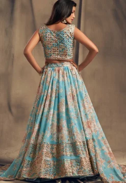 Digital Printed Organza Lehenga in Light Blue