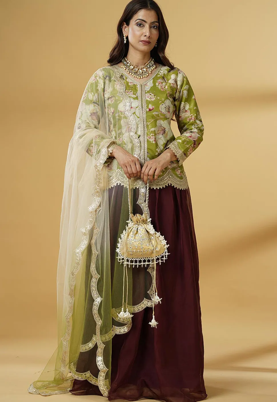 Digital Printed Organza Lehenga in Maroon
