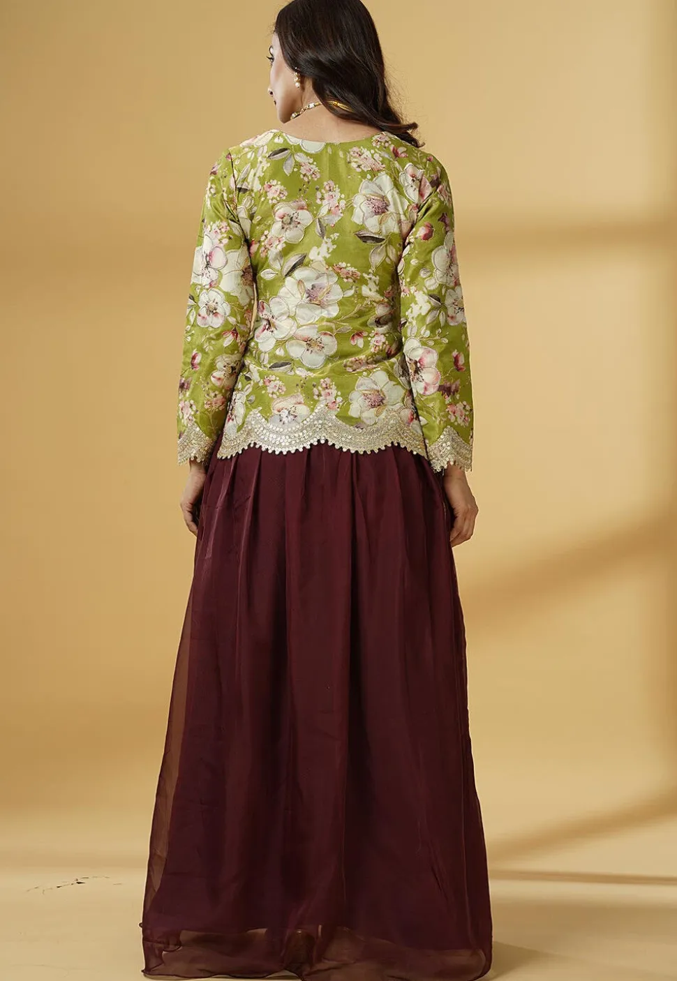 Digital Printed Organza Lehenga in Maroon