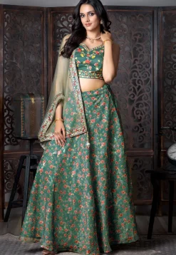 Digital Printed Organza Lehenga in Dark Green