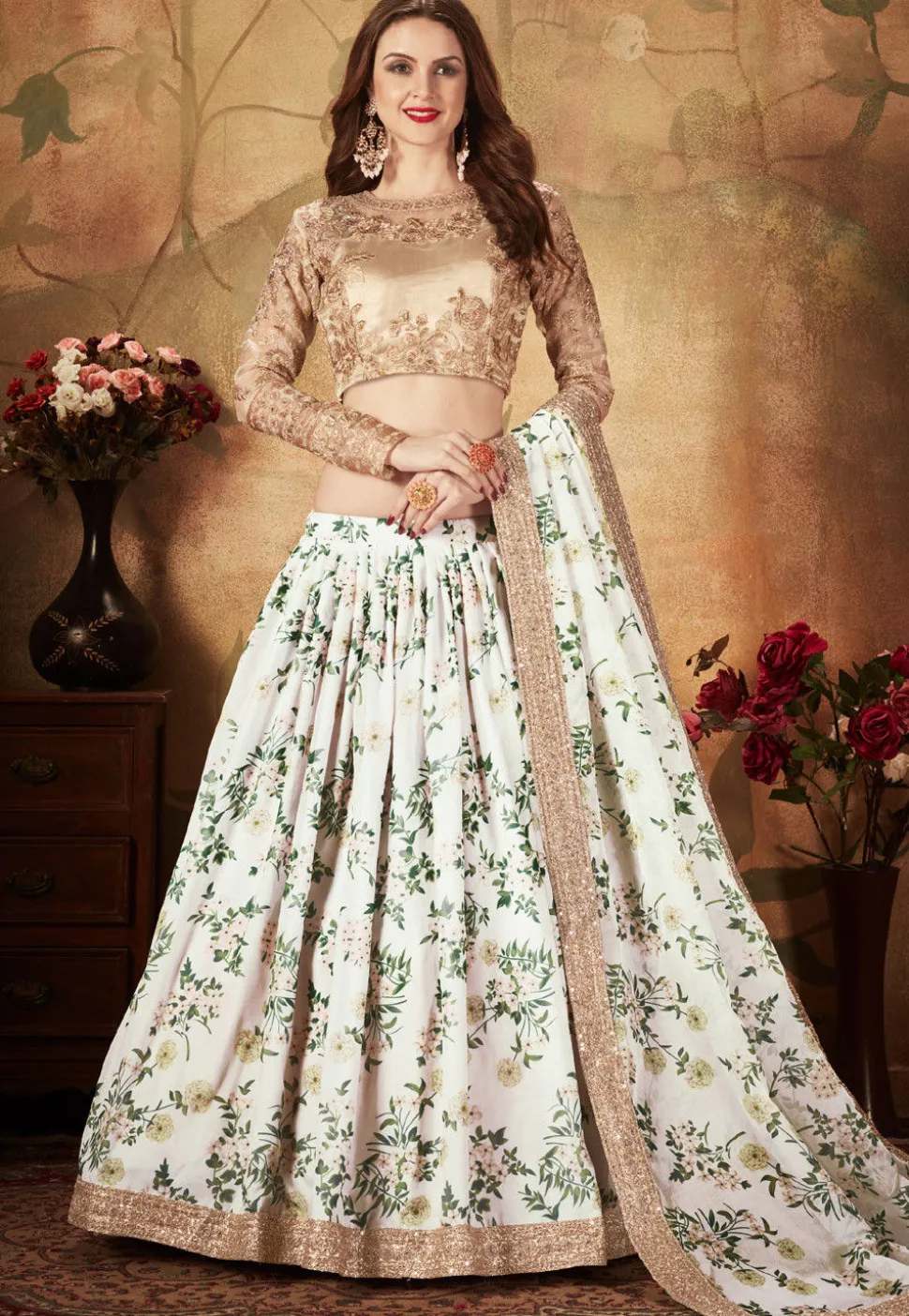 Digital Printed Organza Lehenga in Off White
