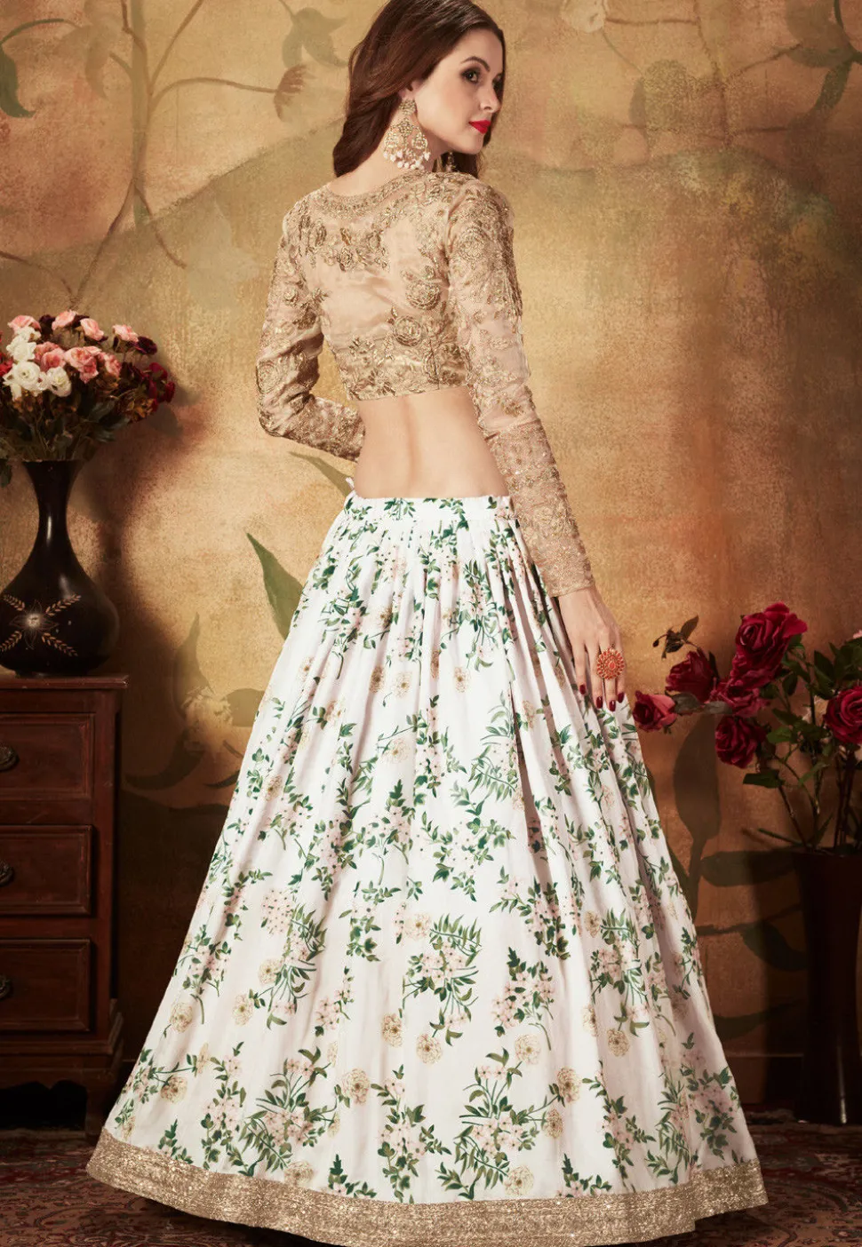 Digital Printed Organza Lehenga in Off White