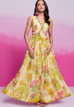 Digital Printed Organza Maxi Dress in Light Beige