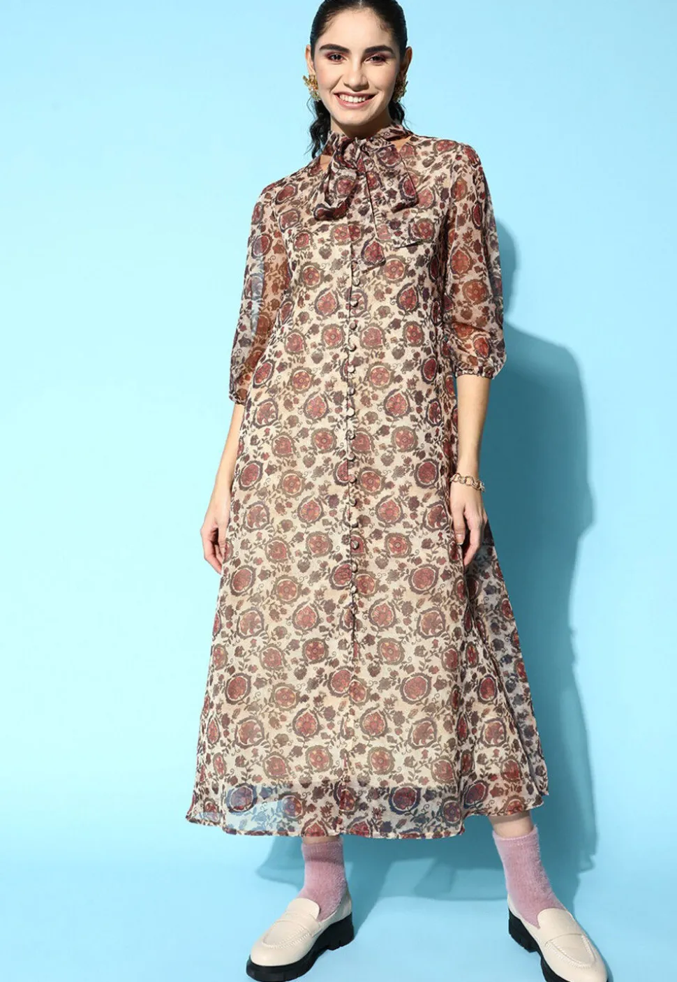 Digital Printed Organza Midi Dress in Beige