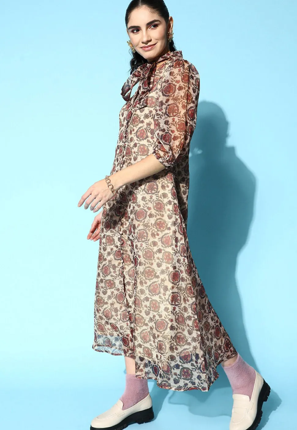 Digital Printed Organza Midi Dress in Beige