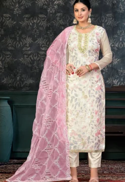 Digital Printed Organza Pakistani Suit in Off White