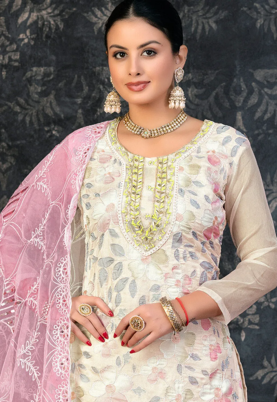 Digital Printed Organza Pakistani Suit in Off White