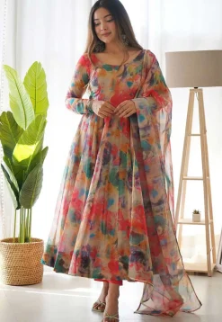 Digital Printed Organza Silk Aline Suit in Beige and Multicolor