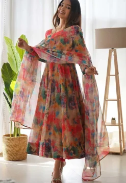 Digital Printed Organza Silk Aline Suit in Beige and Multicolor