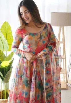 Digital Printed Organza Silk Aline Suit in Beige and Multicolor